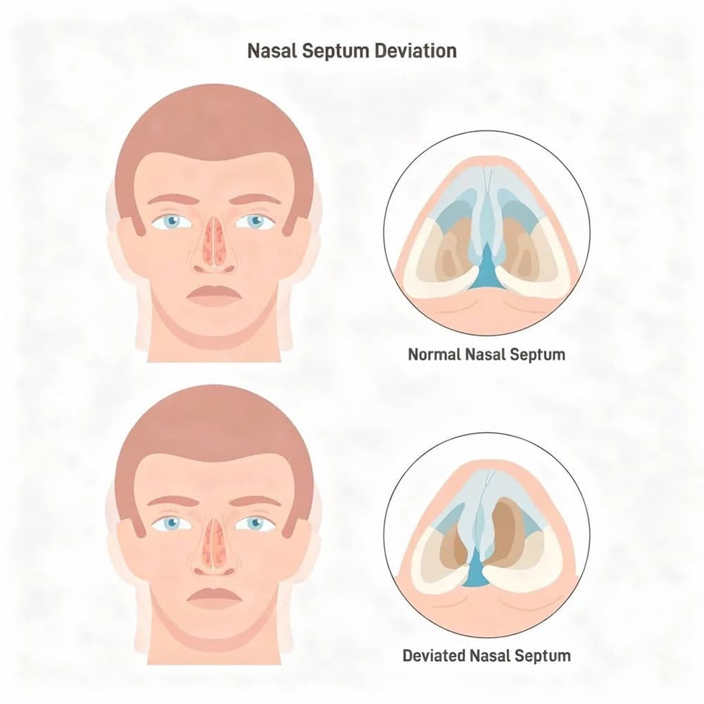 Illustration comparing normal nasal septum and deviated nasal septum showing narrowed airway on one side